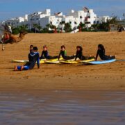 Taghazout Surf Hostel :Children taking a surfing lesson on a Moroccan beach
